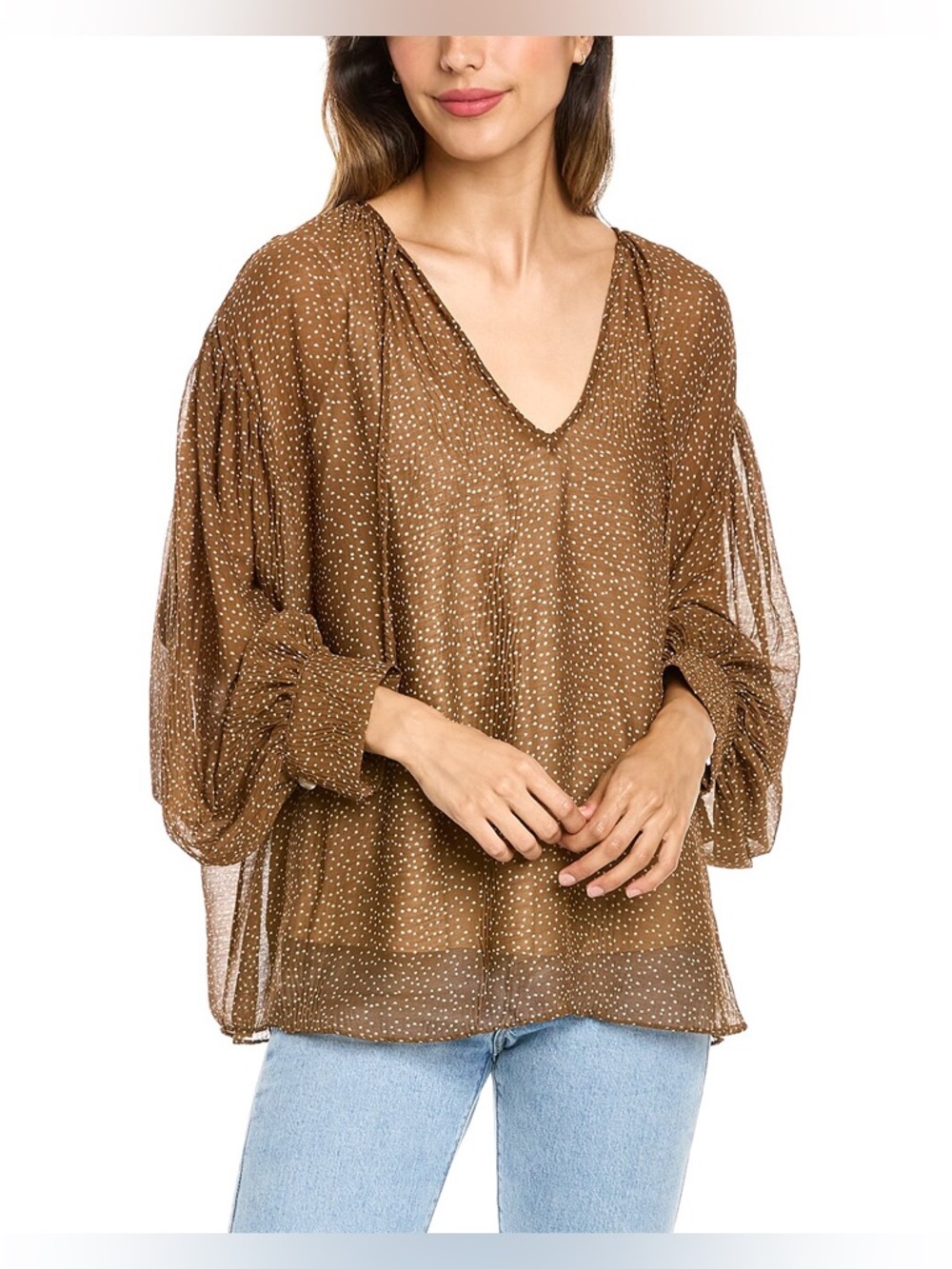 VINCE Starry Dot Shirred Neck Blouse